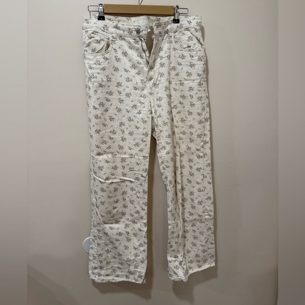 H&M Cream Floral Straight Leg Jeans